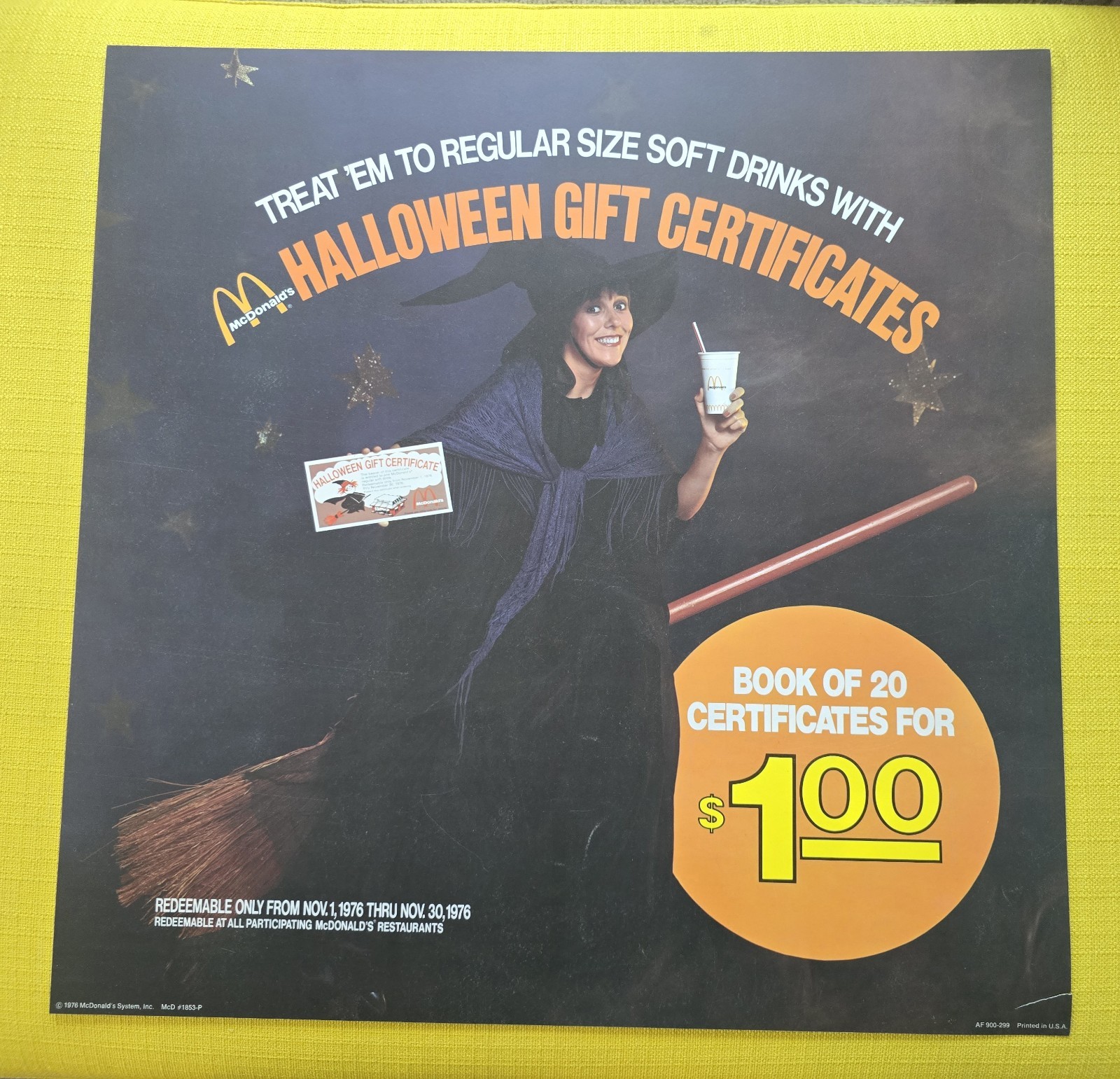 McDonald\'s 1976 translite sign Halloween Witch Gift Certificates 21.75\ McDonald\'s 1976 translite sign Halloween Witch Gift Certificates 21.75\