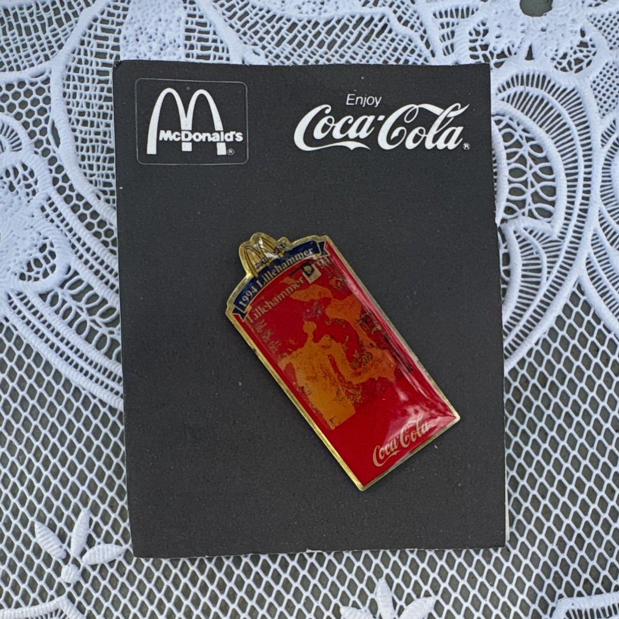 Coca-Cola McDonald\'s Lillehammer 1994 Olympics Pin Badge Lapel Pin Red Gold
