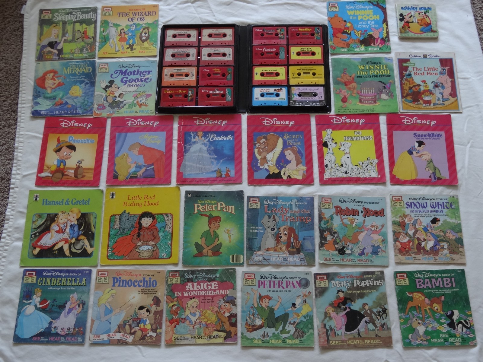 Vintage Lot of 16 Disney Audio Cassette Tapes and 26 Disney Story Books for Kids