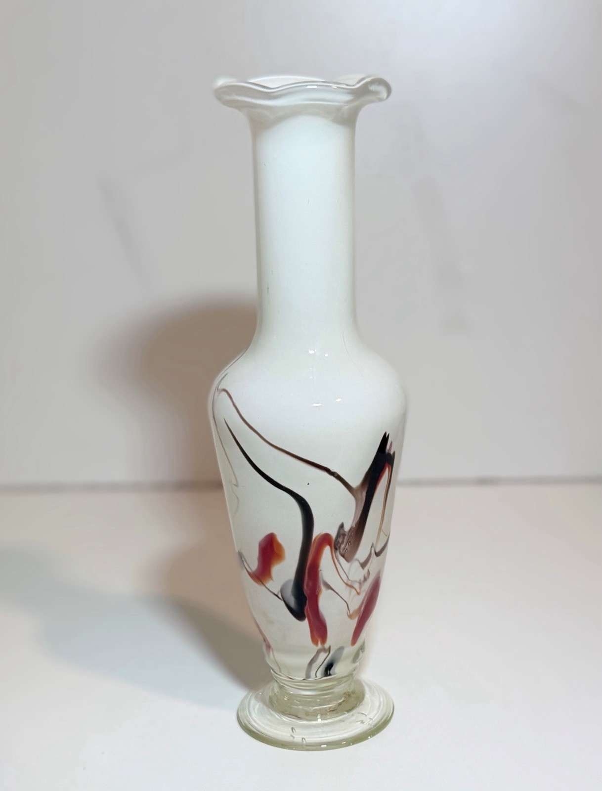 Murano Venetian Style Glass Art Vase, Trailing Swirls, Ruffled Rim 26cm MCM