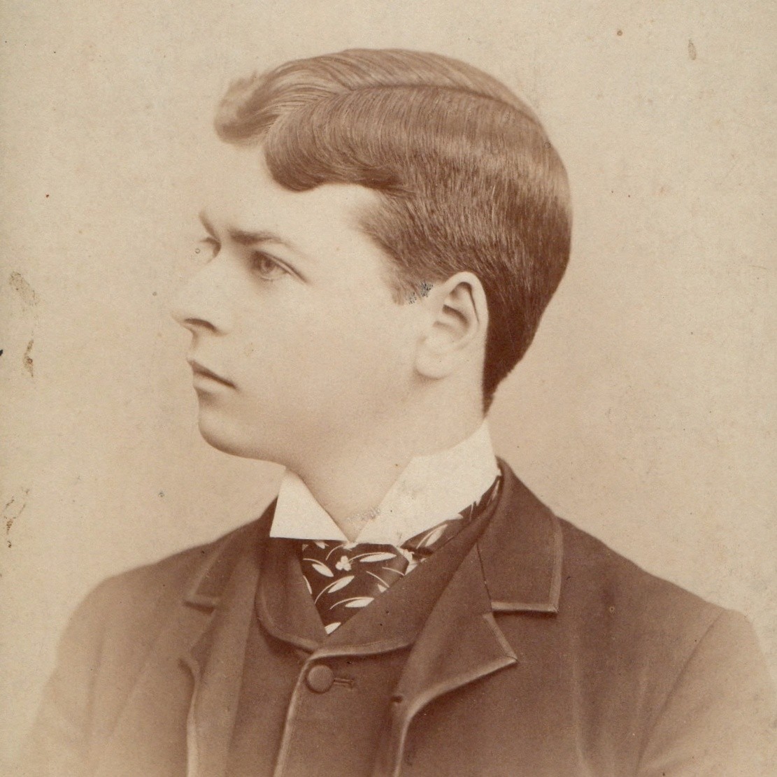 ID\'d c1890s Cabinet Card Photo Jas Paul Profile Young Man Stiff Collar Ascot Vtg