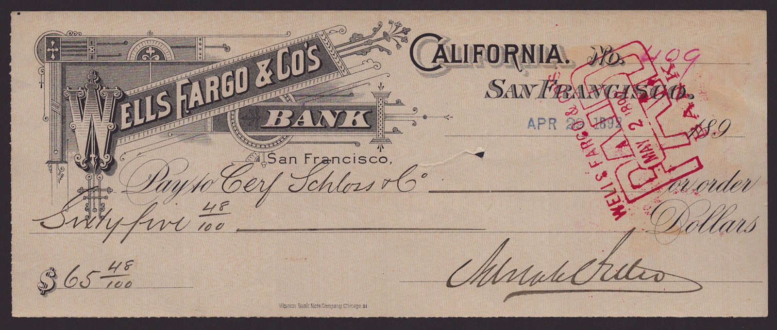 ADOLPH H. SUTRO - CHECK SIGNED 04/29/1892
