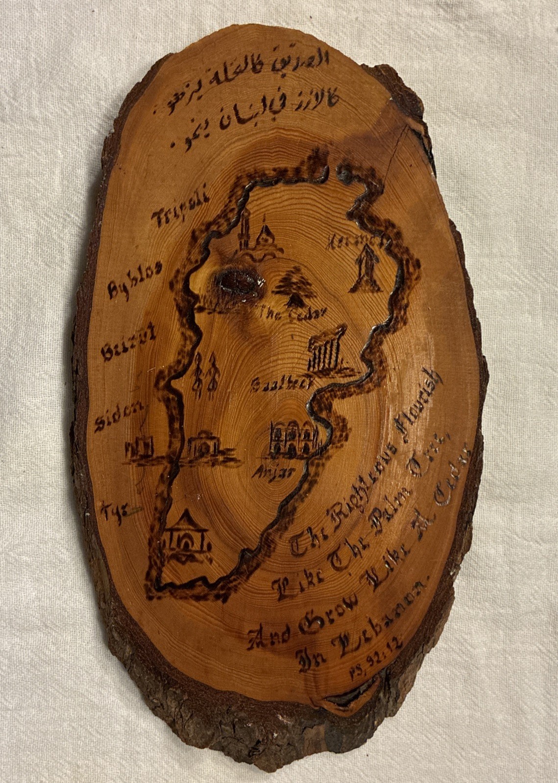 Vintage 1991 Handcrafted Pyrography Lebanon Map Wood Plaque 9” x 5” Psalm 92:12