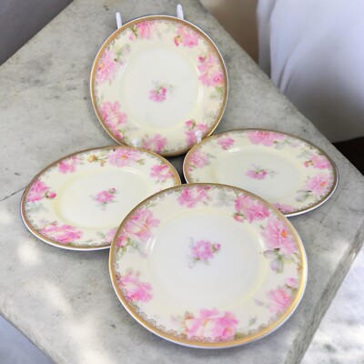 Antique Silesia Porcelain Ceramic Round Dish Plate Hand Painted Floral Gold Set4 Antique Silesia Porcelain Ceramic Round Dish Plate Hand Painted Floral Gold Set4