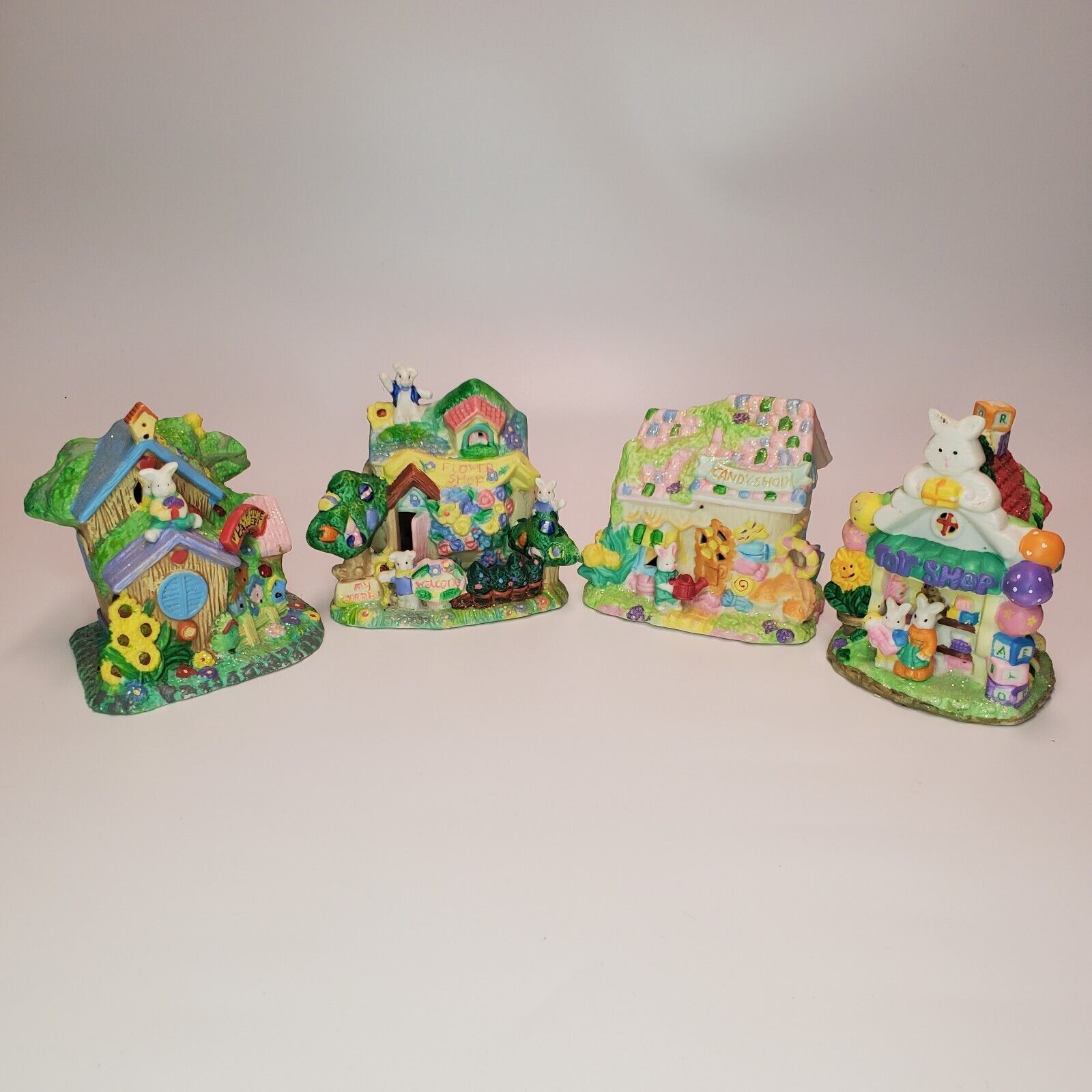 2003 Hoppy Hollow 4 pc. Lot of Easter Village Houses Candy Toy Birdhouse Flower