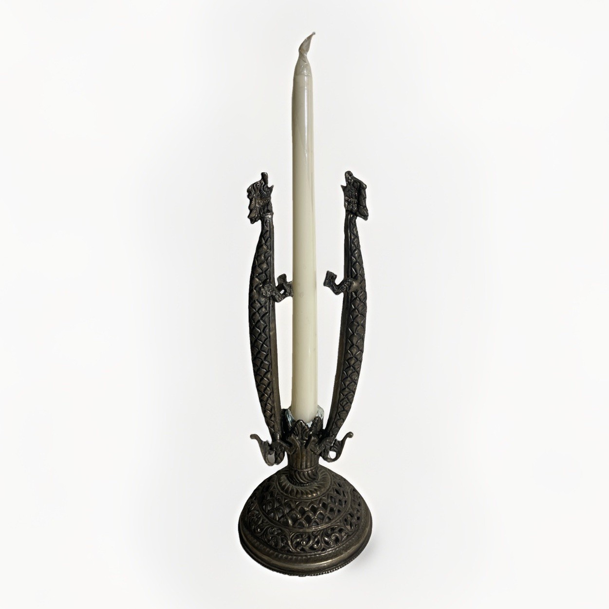 Antique Beautiful Double Dragon Pewter Candle Stick Holder Extremely Rare & Epic