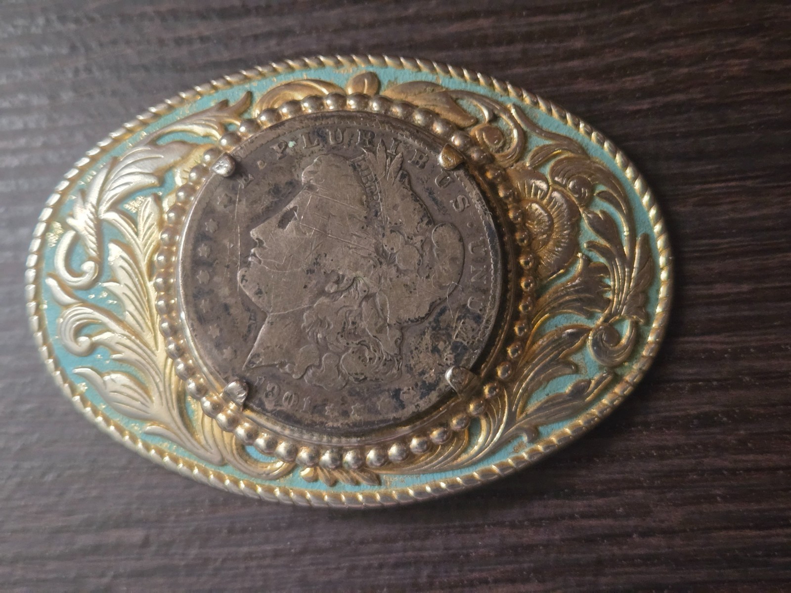 Vintage Western Belt Buckle 1901 Morgan Dollar Style Coin Turquoise Gold Tone