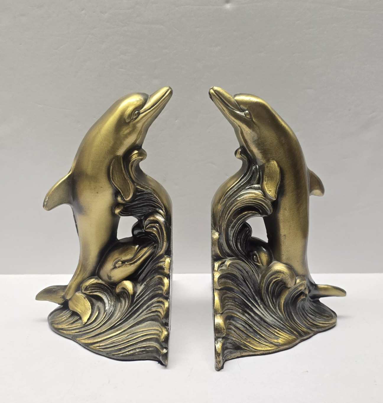 Vintage S.C.C. Brass Metal Dolphin Fish Ocean Waves Book Ends  Nautical 1975