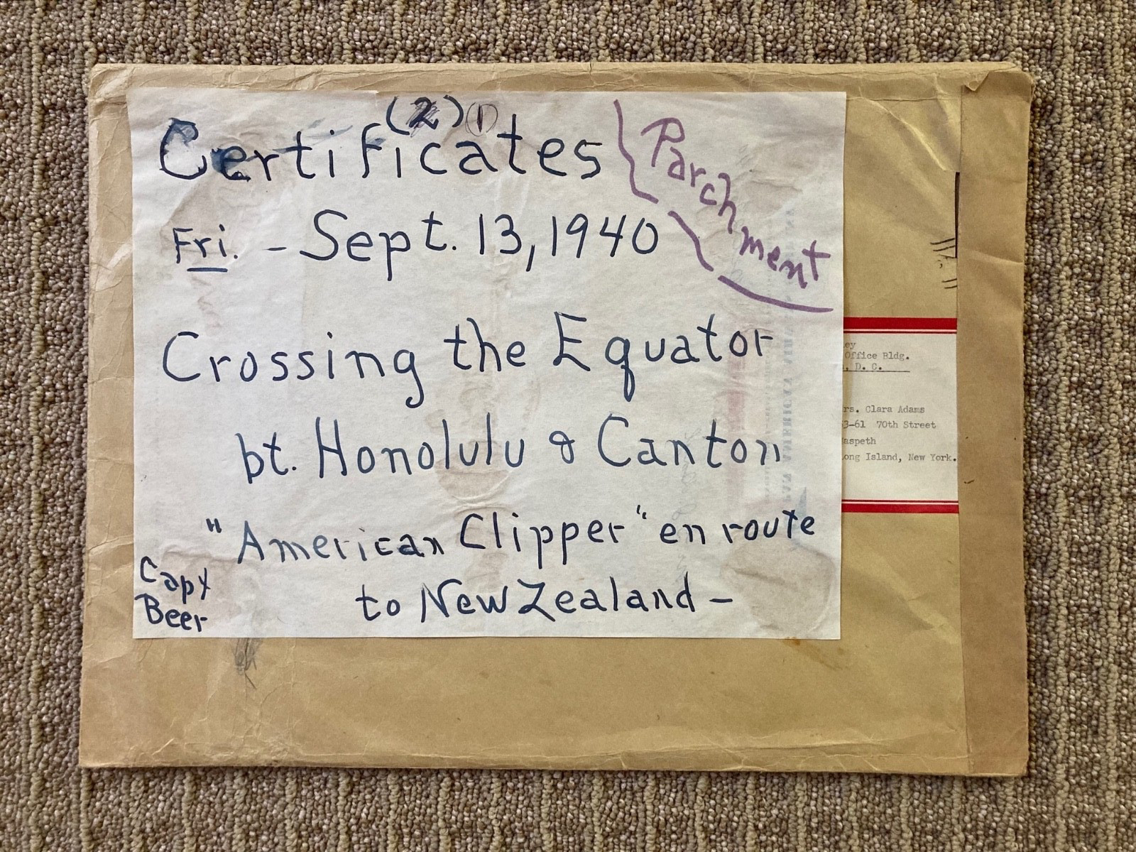CLARA ADAMS MANUSCRIPT ENVELOPE w/ HANDWRITTEN DESCRIPTION NOTES FROM 1940