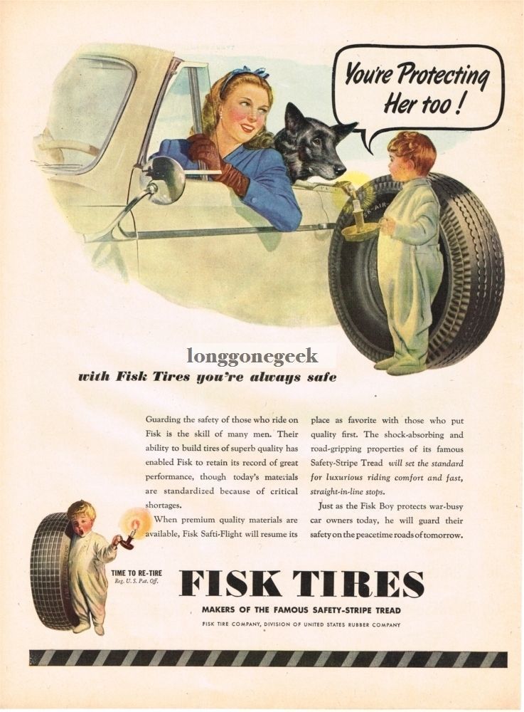 1945 Fisk Tires Woman Dog Boy in 1 piece sleeper Howard Scott Art Vintage Ad 