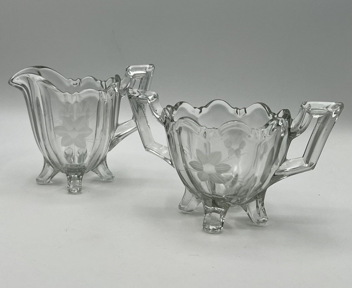 Vintage Etched Glass Creamer And Open Sugar Bowl Set Etched Floral Design