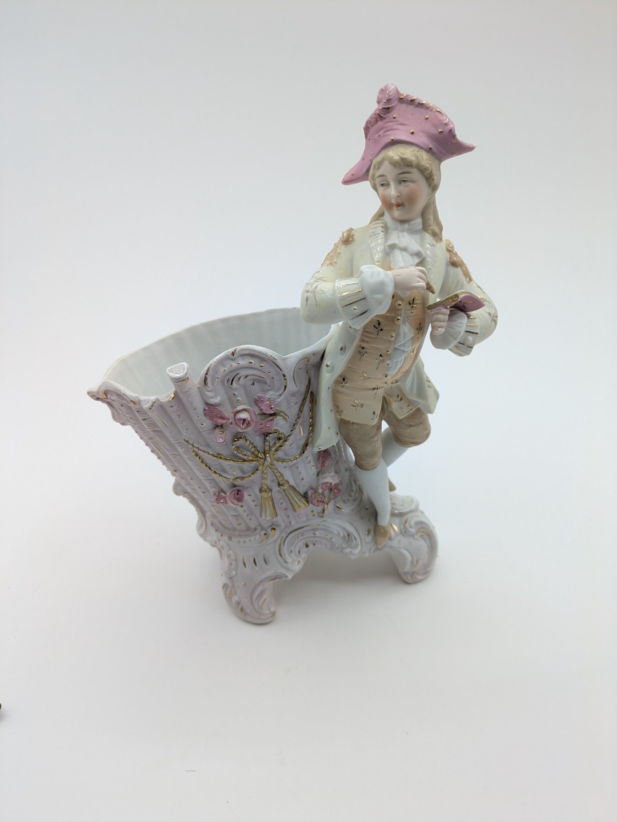 Antique Bisque Porcelain Pink Dapper Colonial Boy Vintage Vase Planter