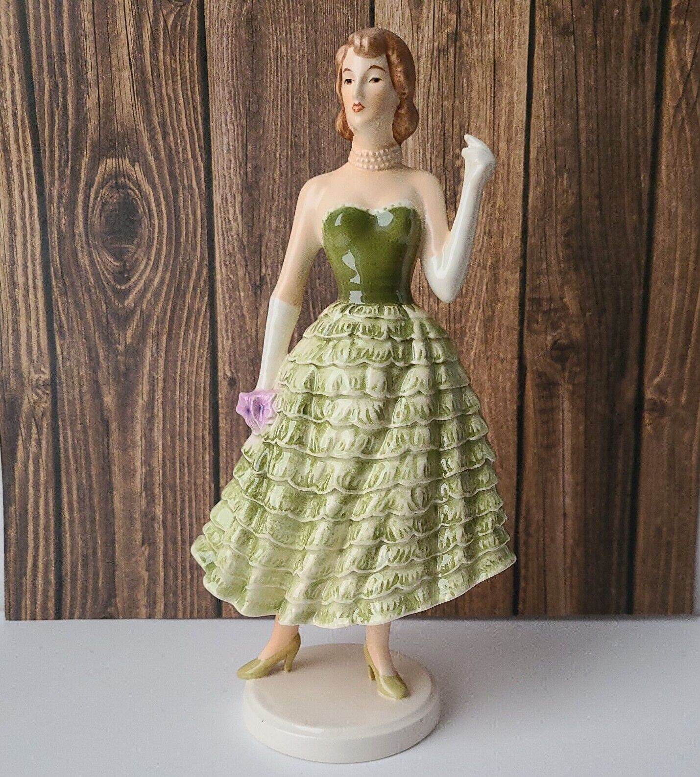 Vintage Goebel 1986 Porcelain Green & White Fashion Lady with Bouquet Germany 