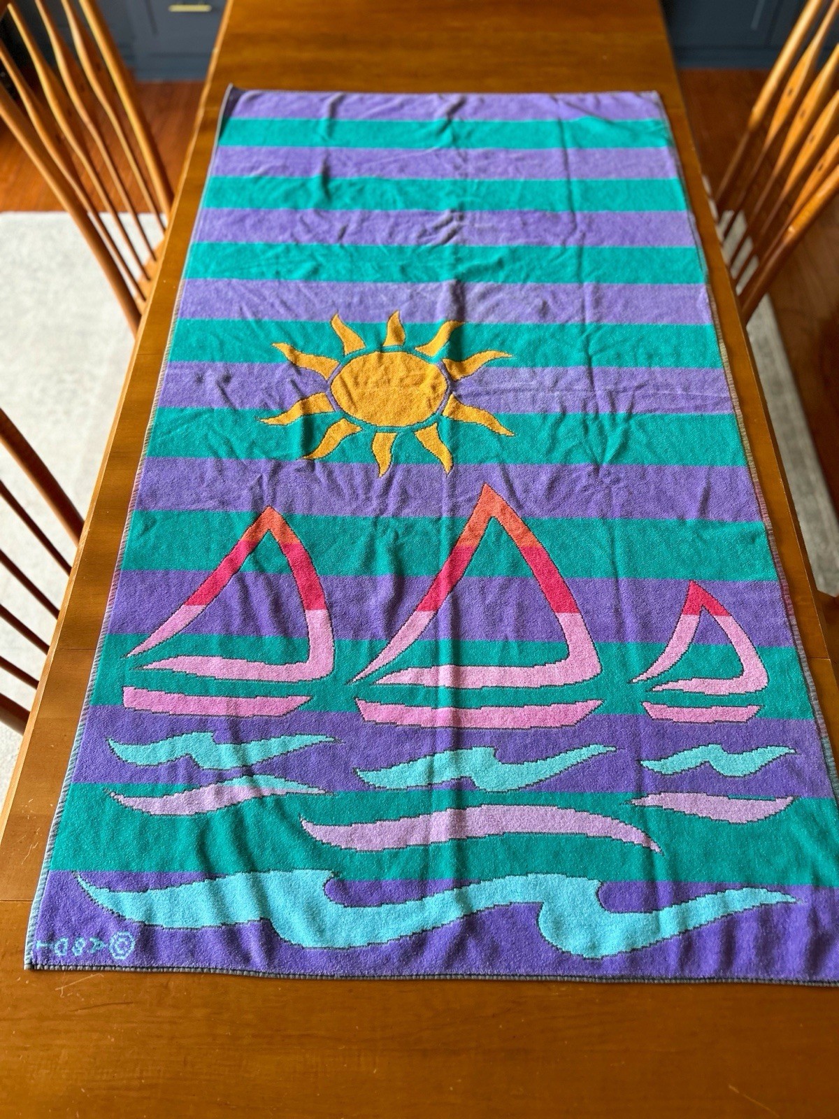 Vintage Beach Towel 1980's Reversible Brazil Made Celestial Sun Boat Vibrant