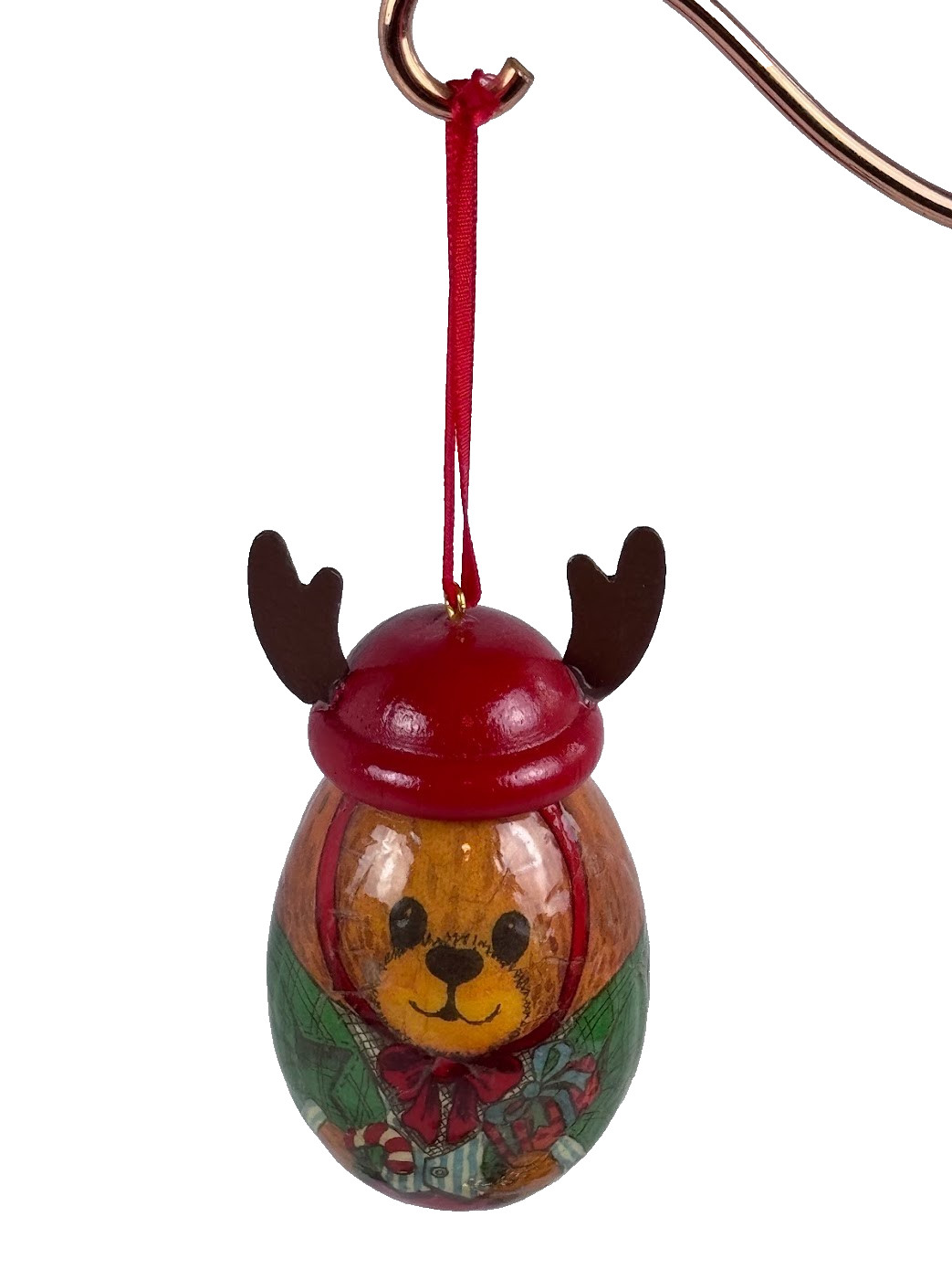 (1A) Vintage 1991 Decoupage Egg Teddy Bear Reindeer Ornament Home For Holiday (1A) Vintage 1991 Decoupage Egg Teddy Bear Reindeer Ornament Home For Holiday