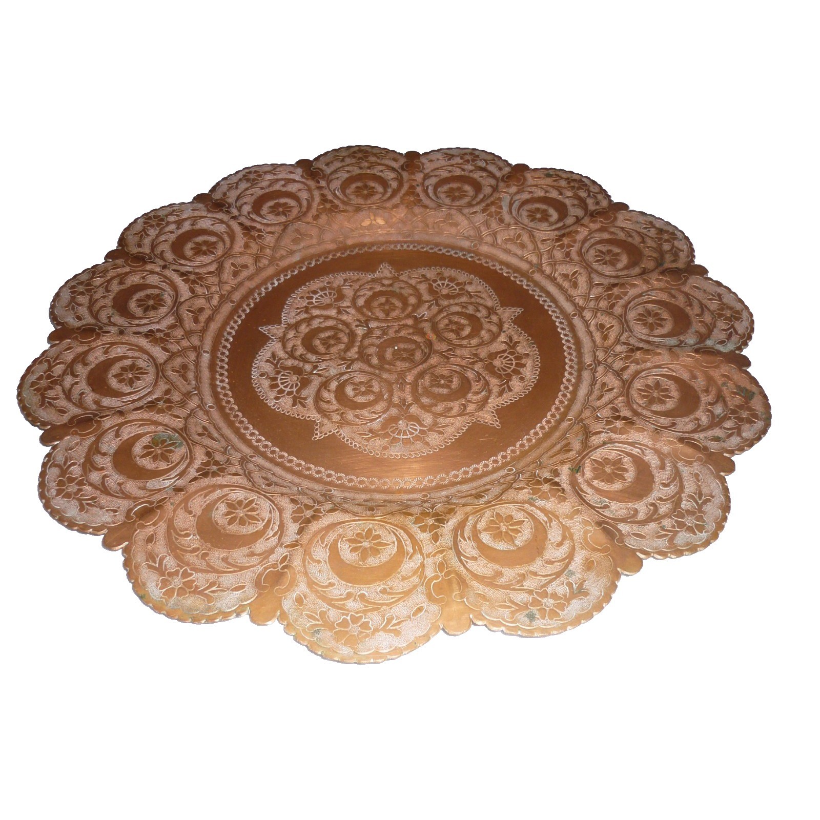 Vintage Hand Hammered Etched Copper Plate Floral Moon Star Scalloped 12 Inch