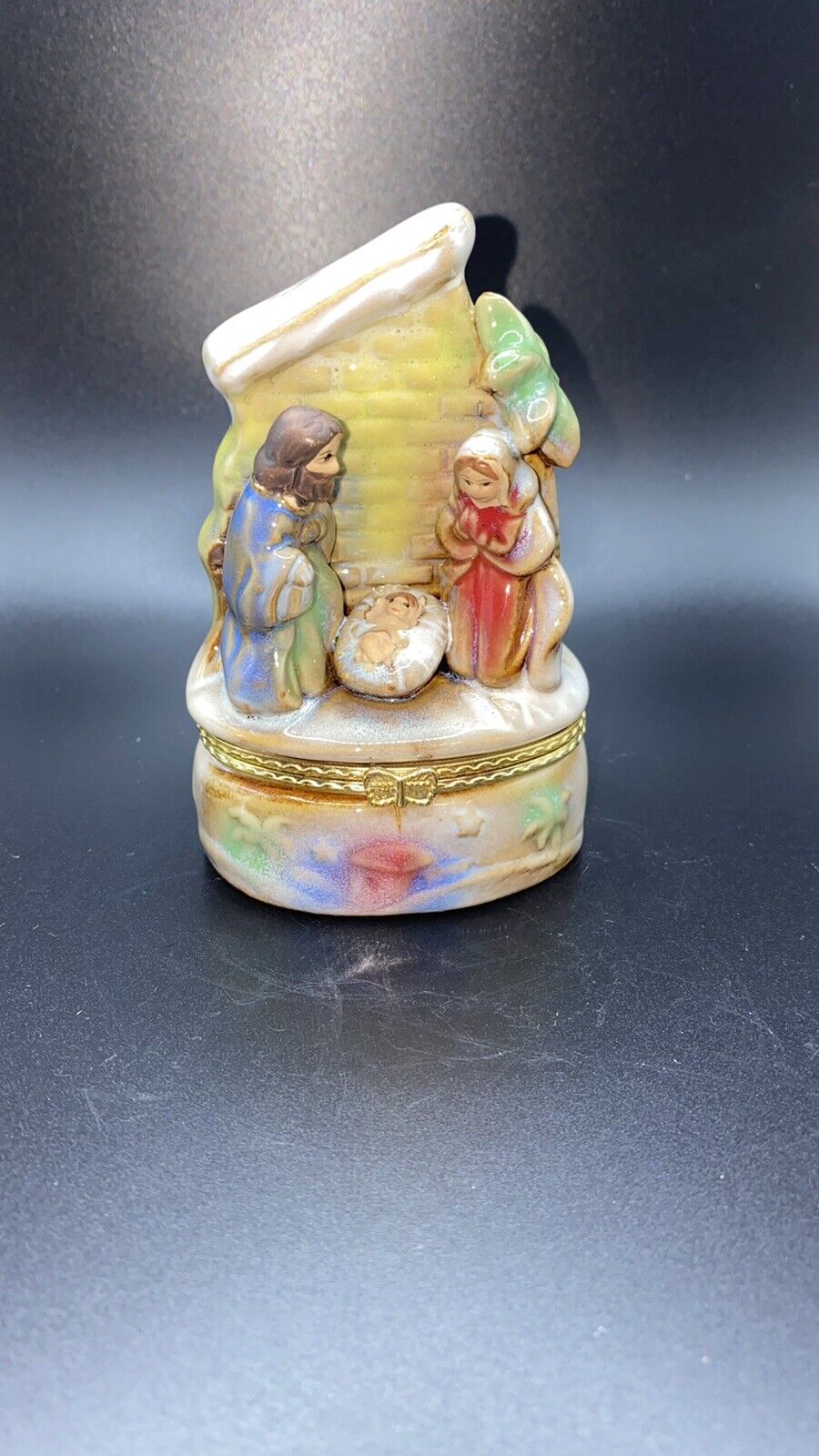Vintage Nativity Trinket Box Imperial Porcelain Hinged 4” X 2”
