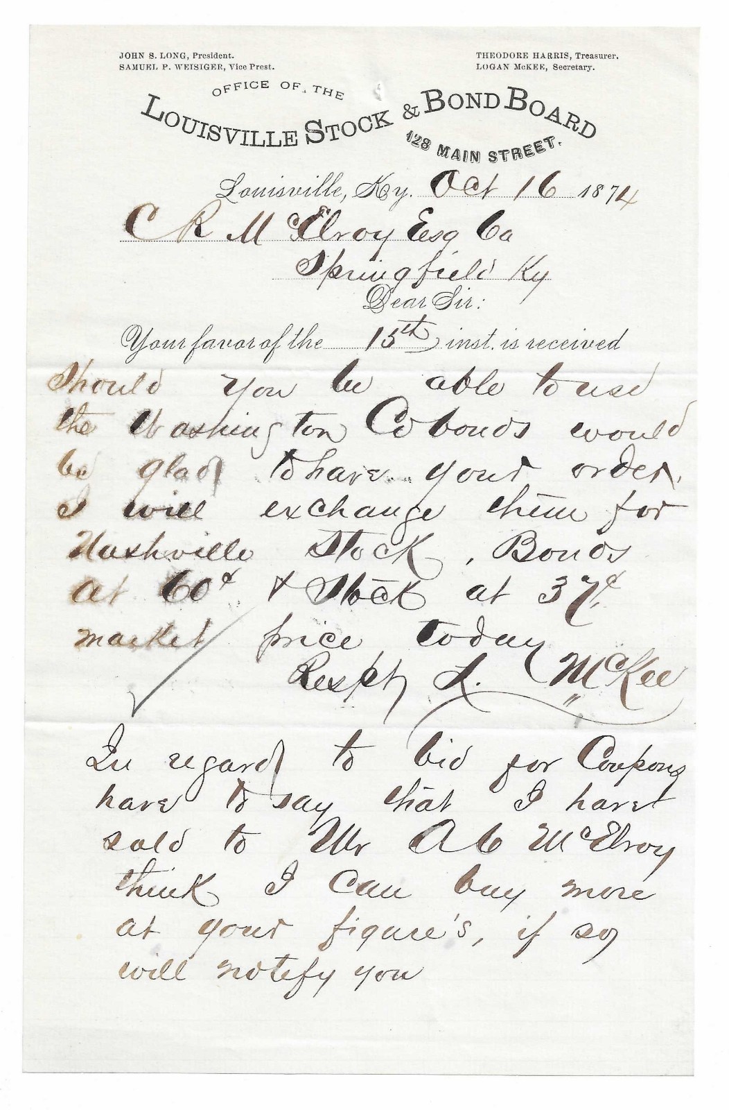 1874 Louisville Stock & Bond Board - Louisville KY - Letter - Names/ID\'d