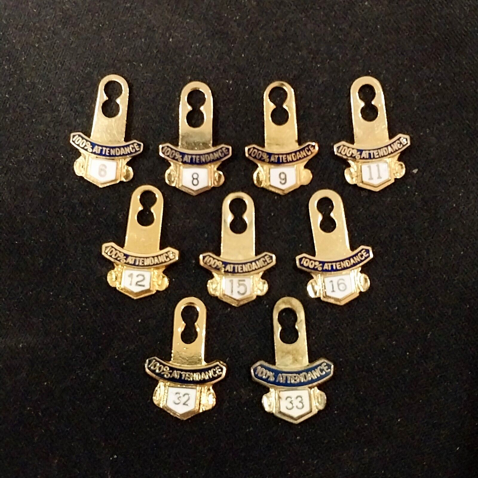 Vintage Lions Club 100% Attendance Year Pin Hang Tabs 6 8 9 11 12 15 16 32 33