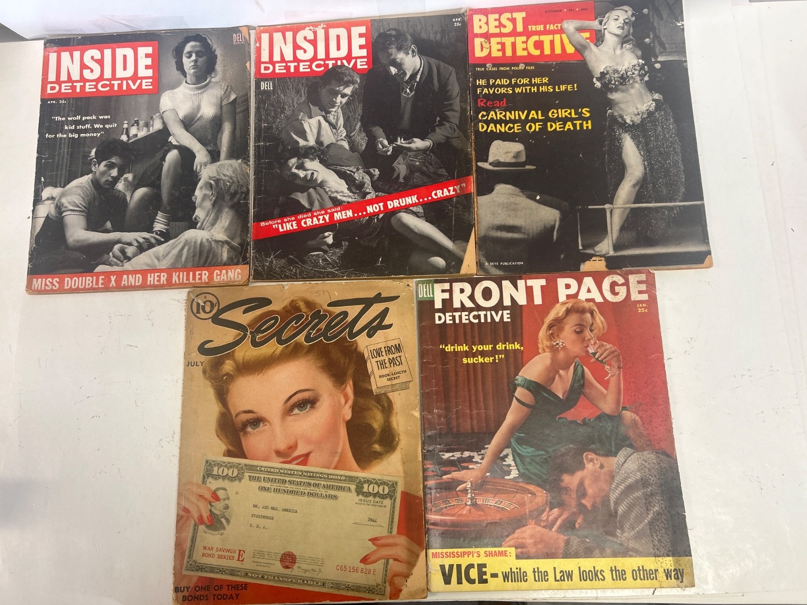 Lot of 5 Original Vintage Detective Pulp Men's Mags 1940's & '50s