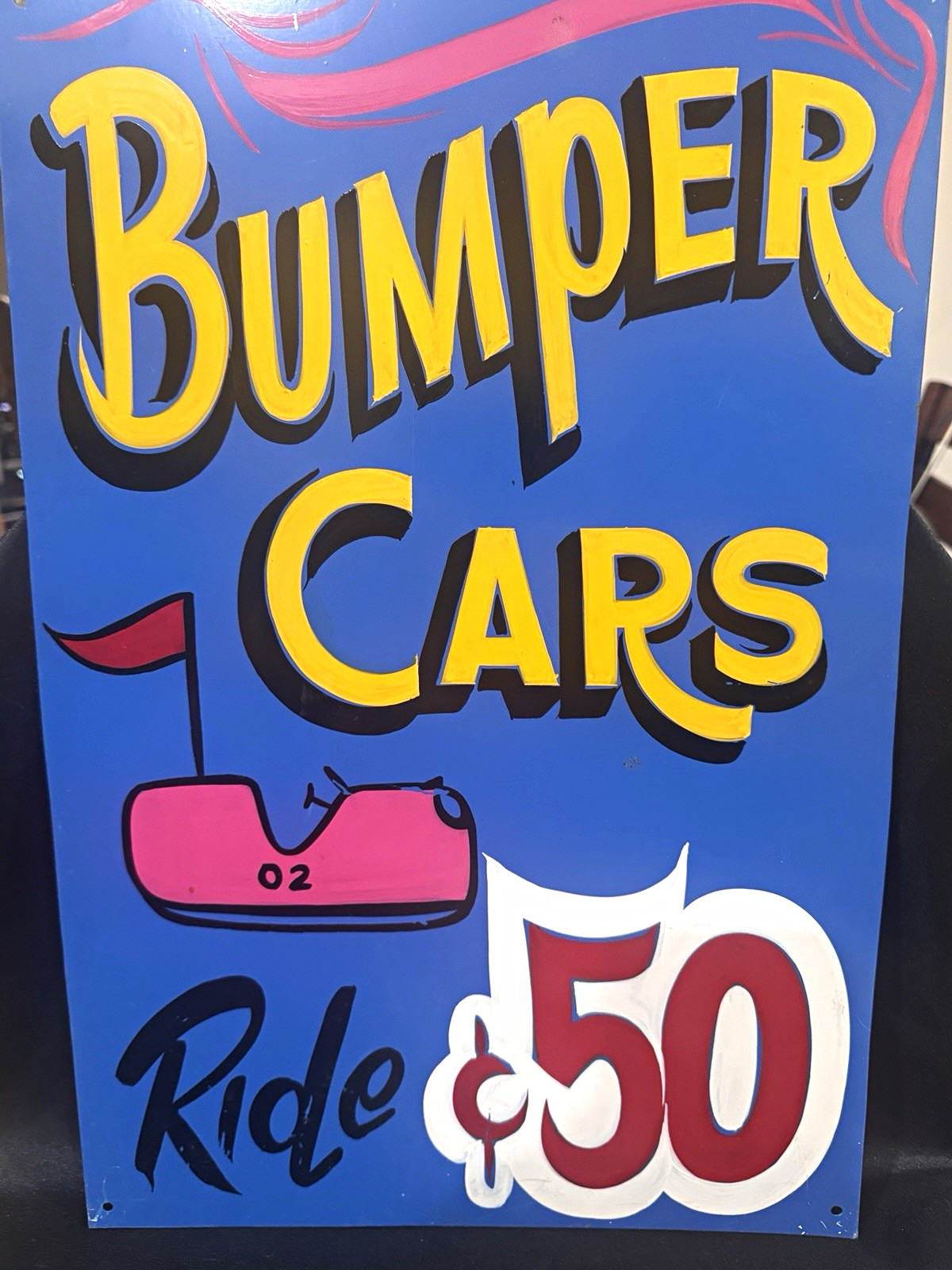 Vintage RARE Hand-Painted Bumper Cars 50¢ Metal Carnival Sign – 12” x 18”  