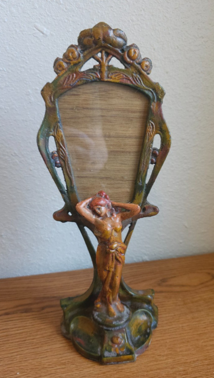 Vintage Art Nouveau Cast Iron Figural Frame Nymph Maiden Heavy Metal Decor