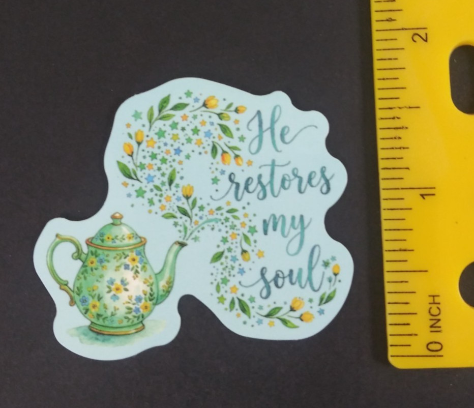 He Restores My Soul Floral Teapot Religious Sticker (X)