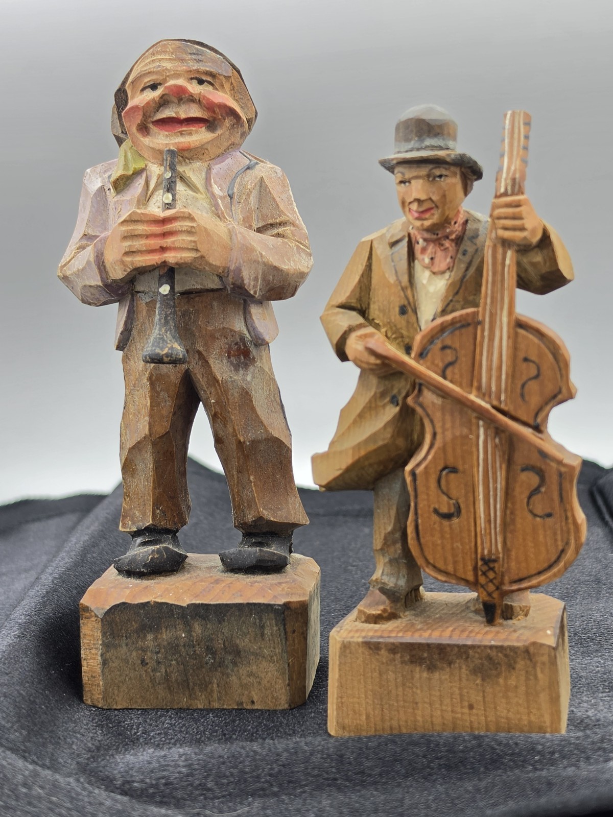 Vintage ANRI Italy Hand Carved Wood Musicians Pair Clarinet Bass 1950s 60s