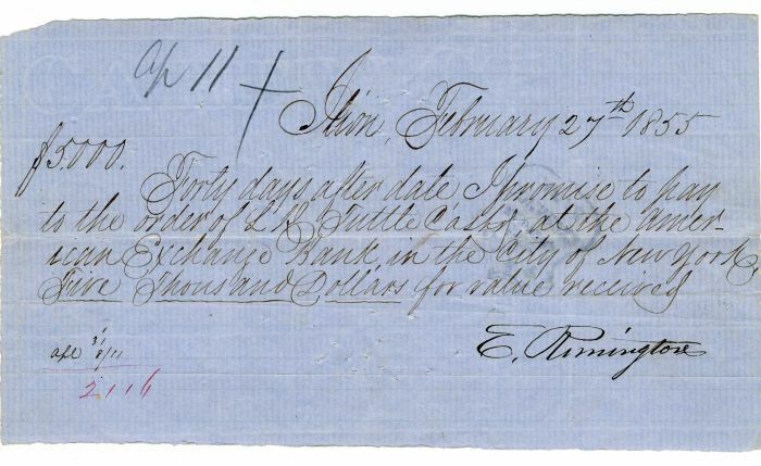$5,000 Note signed by E. Remington II or Jr. - Founder of Remington and Sons - A