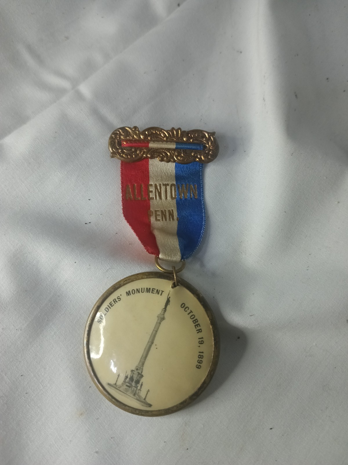 Soldiers Monument Allentown PA Dedication Medal Ribbon Pin Badge Antique 1899