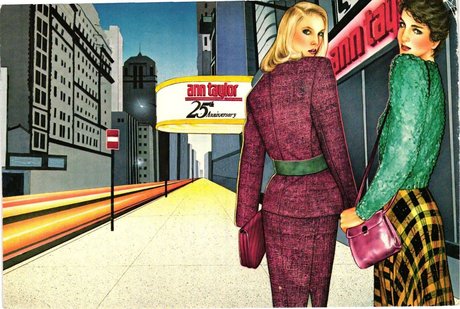 Vintage Postcard 4x6- Two fashionable women by Ann Taylor sign, New York, NY