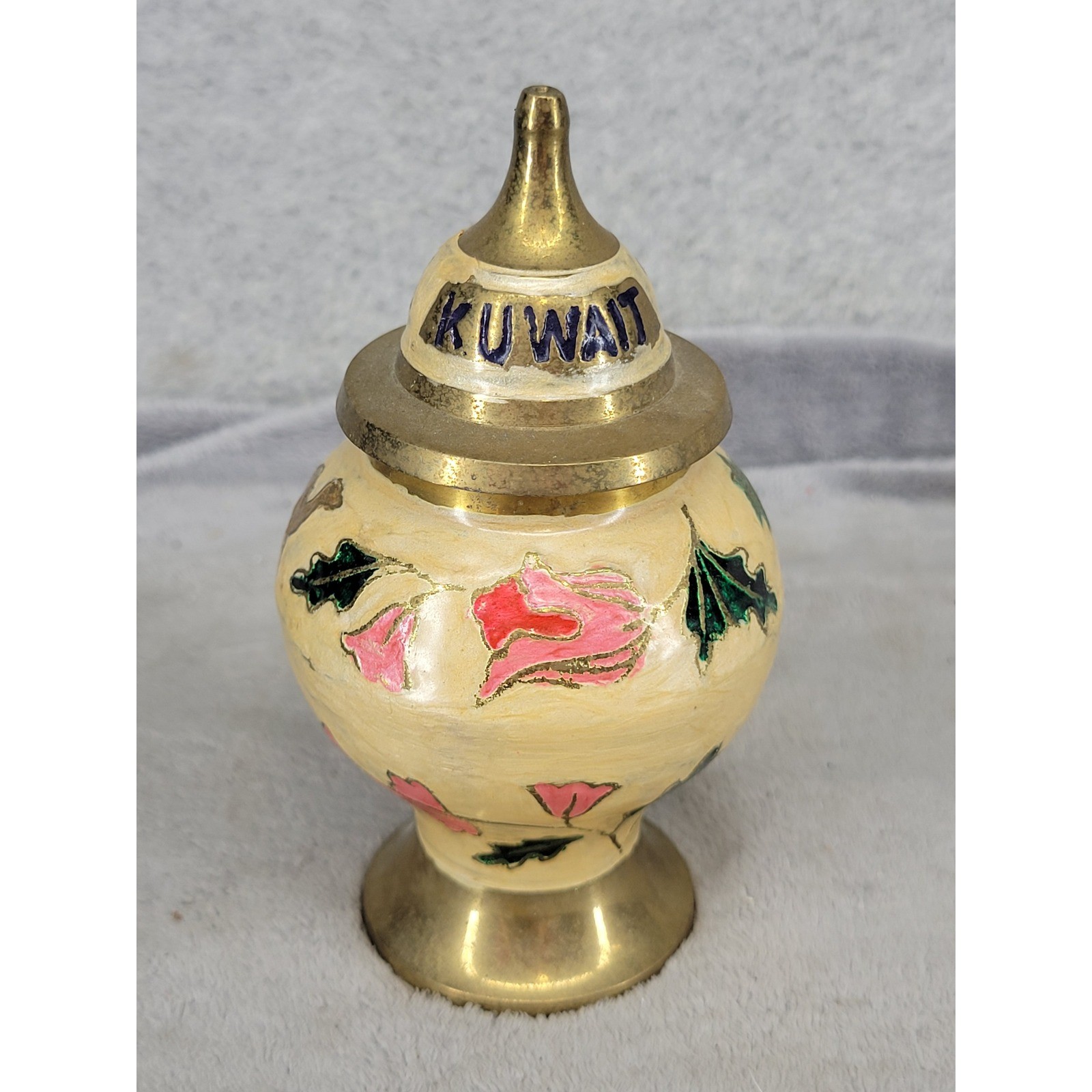 Vintage Kuwait Brass Hand Painted Floral Camel Souvenir Decorative Jar 5.25