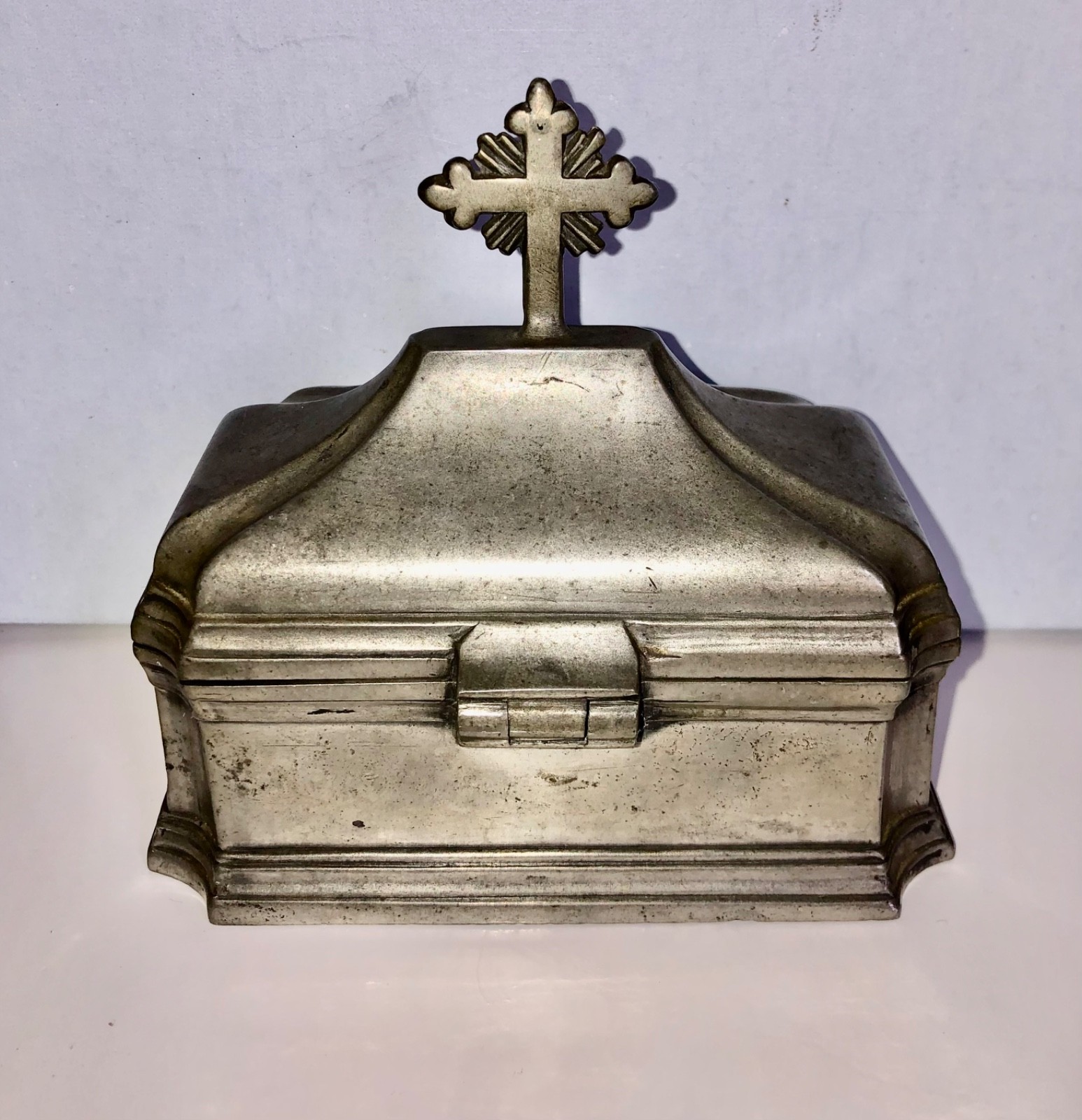 Rare 1700s French Liturgical Pewter Coffret Holy Oils Casket Box Radiating Cross