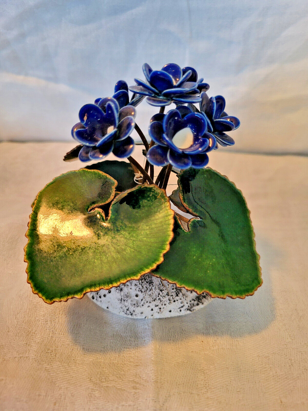Bovano of Cheshire blue violets enamel on copper flowers vintage
