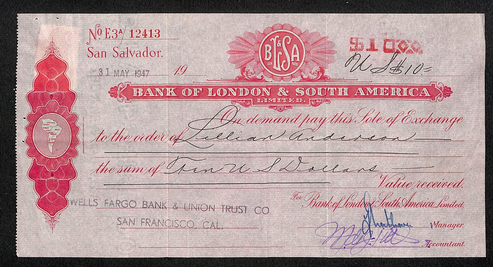 Bank of London & South America 1947 Large Exchange / Check VGC