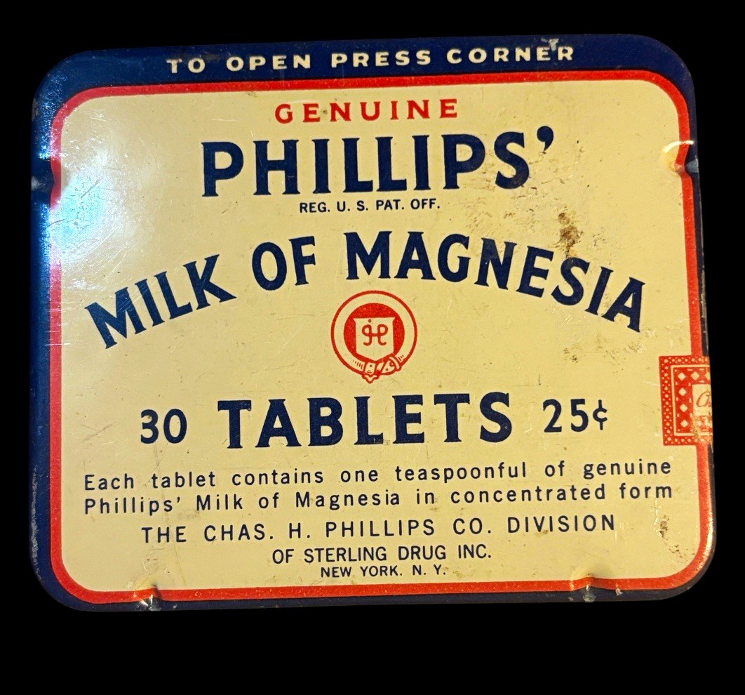 Antique Phillips’ Milk of Magnesia 30 Tablets Advertising Tin w/ Insert