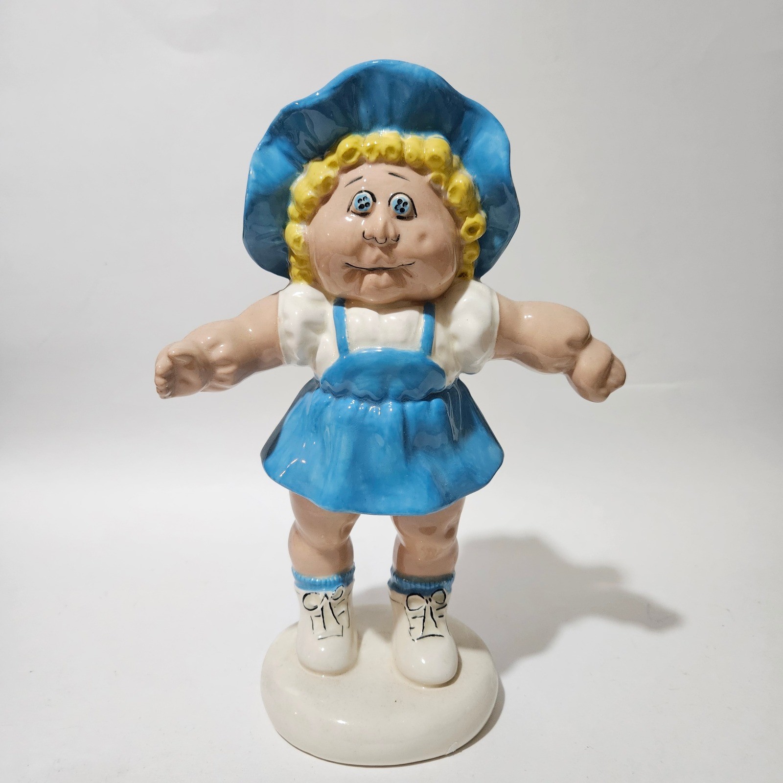 Vintage 1984 F&F Molds Ceramic Girl Figurine Blue Hat Jumper Cabbage Patch Style