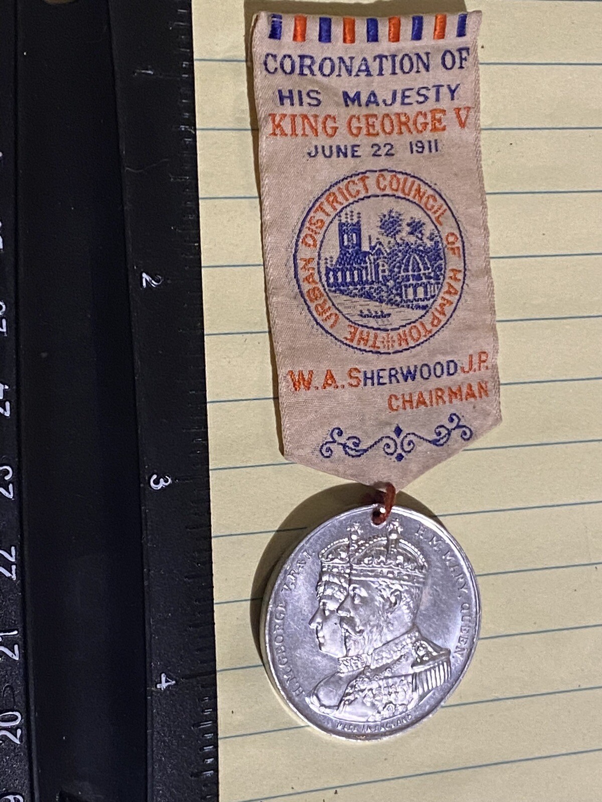 RARE 1911 King George V CORONATION MEDAL RIBBON -W.A. SHERWOOD JP CHAIRMAN