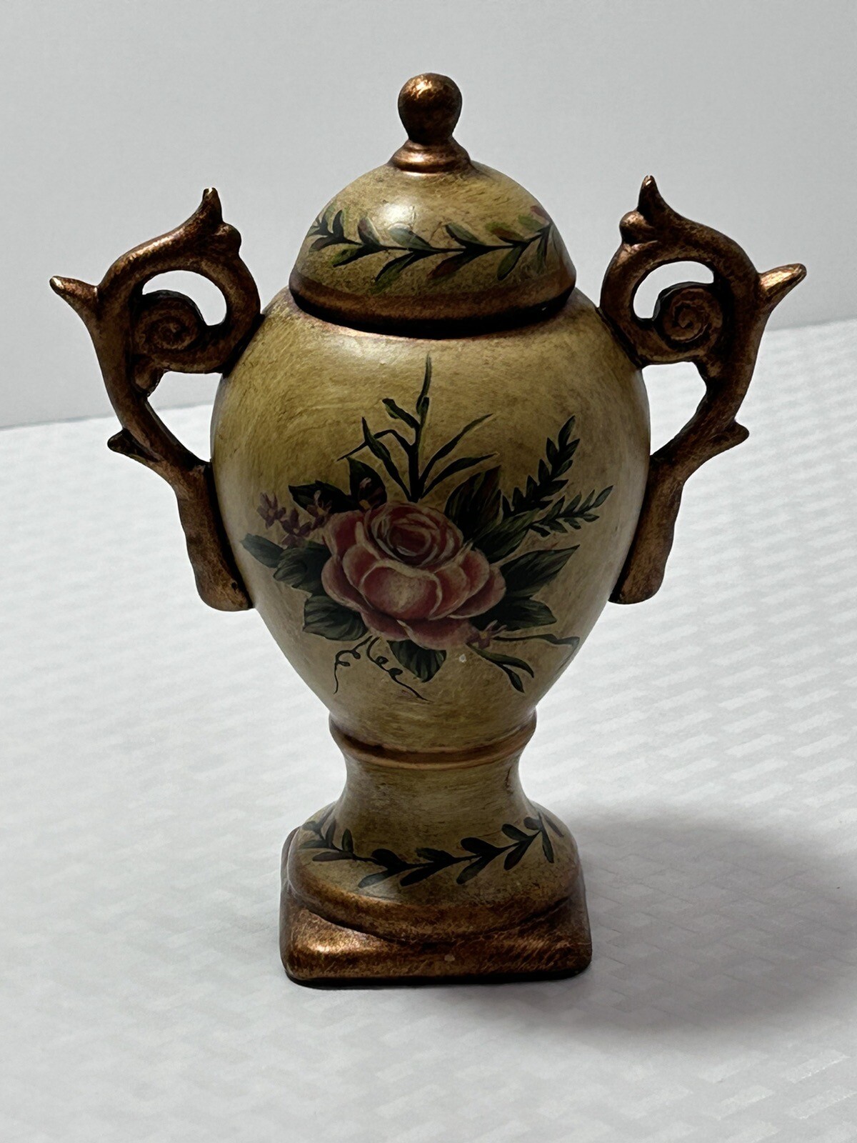 Floral Art Handpainted Ceramic Gold Urn Handle Pedestal Vase W/ Lid