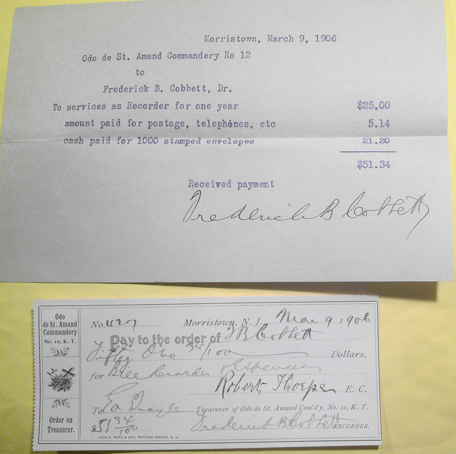 1906 Masonic Knights Templar Morristown. Recorder Salary Postage Receipt Voucher