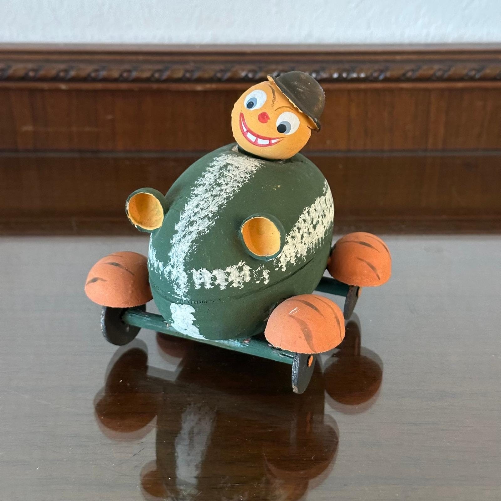 Vintage German(?) Paper Mache Easter Egg Candy Container Race Car Driver Green Vintage German(?) Paper Mache Easter Egg Candy Container Race Car Driver Green
