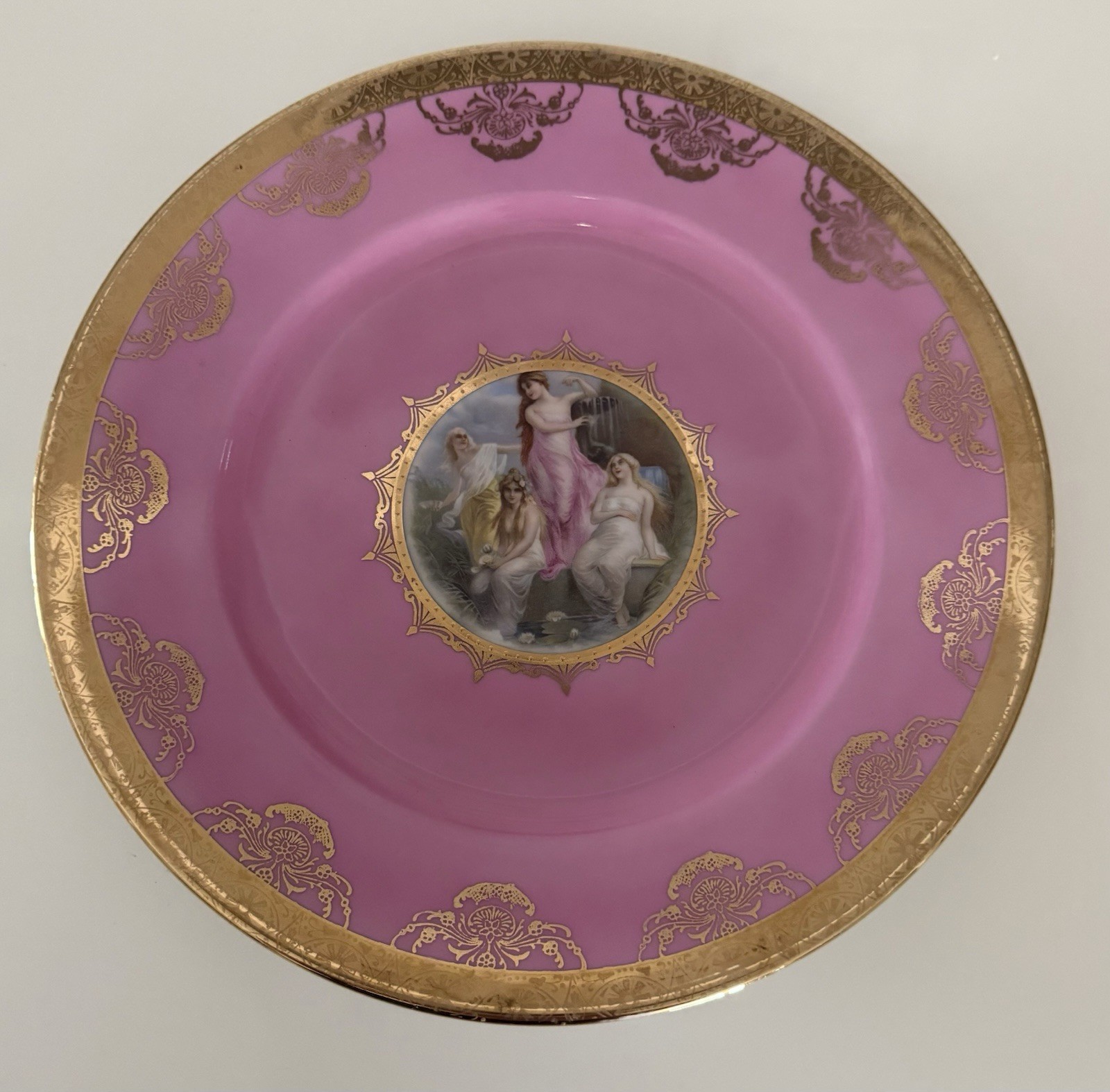 VTG JKW Western Germany Porcelain Collector Plate Pink Gold Round Dancing Women