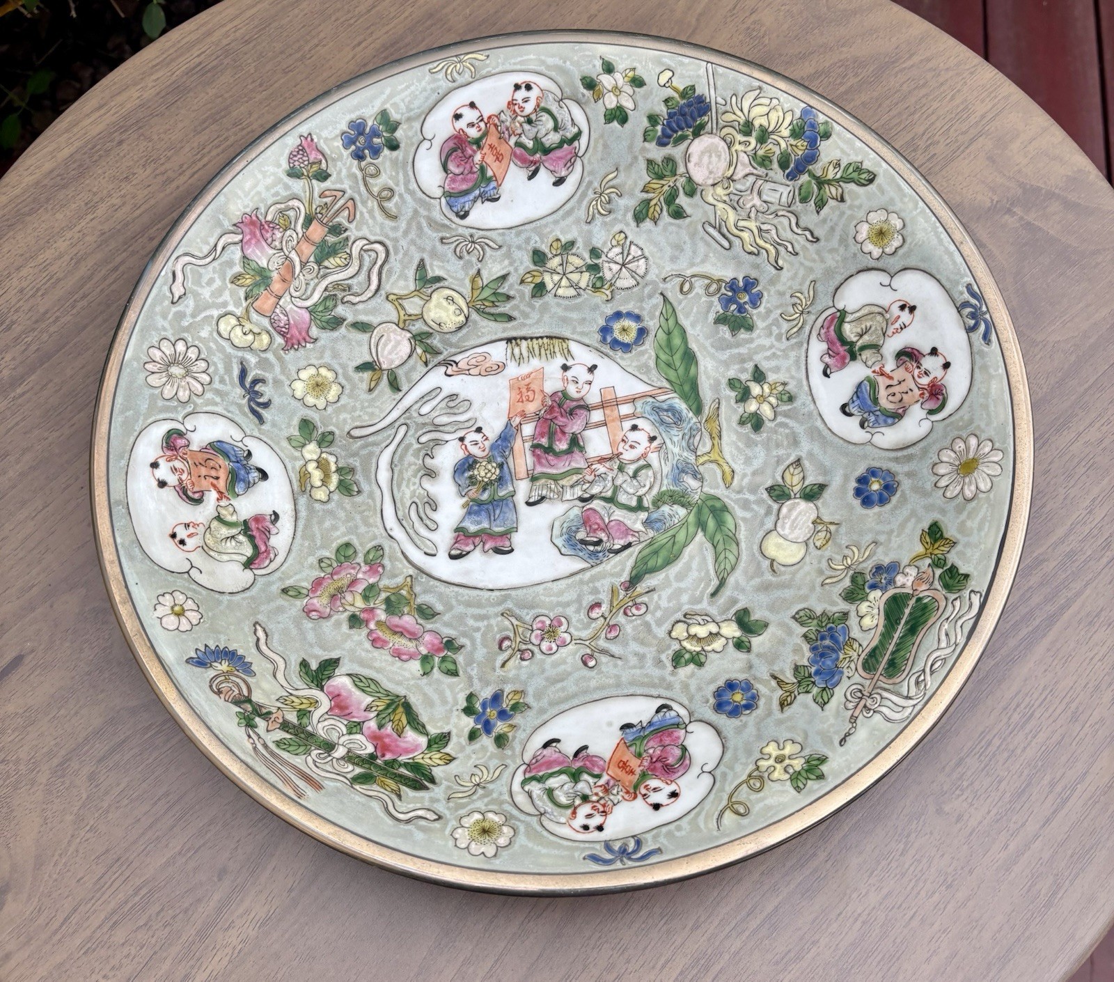Large Chinese Porcelain Charger Famille Rose Boys Tongzhi Style Mark 14”