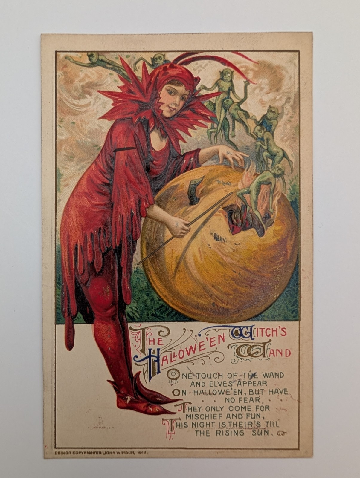 Halloween Antique 1912 Postcard Winsch Schmucker Red Witch Wand JOL Green Elves