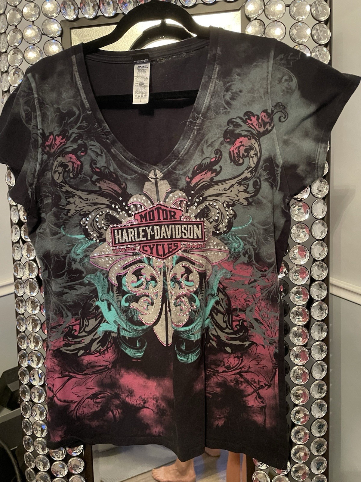 Harley Davidson Bling T Shirt. Very Pretty Teal and Pink. Large Women\'s