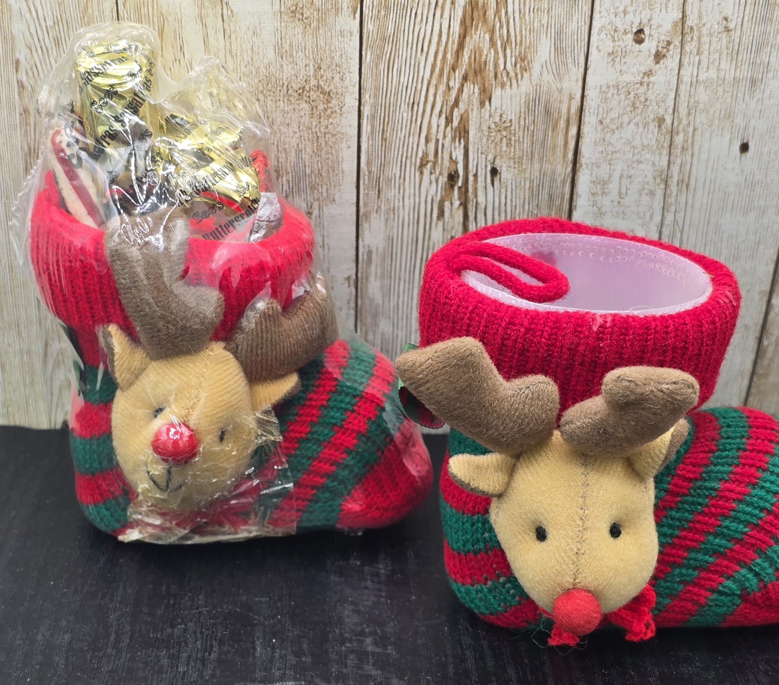 2 Vtg See's Candies Christmas Boot Stockings Candy Holder 1 Empty & 1 Unopened 