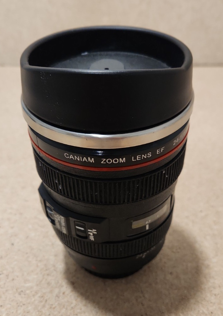 CANIAM (Canon) Camera Lens Travel Coffee Mug Cup with slide lock lid. 12oz. CANIAM (Canon) Camera Lens Travel Coffee Mug Cup with slide lock lid. 12oz.