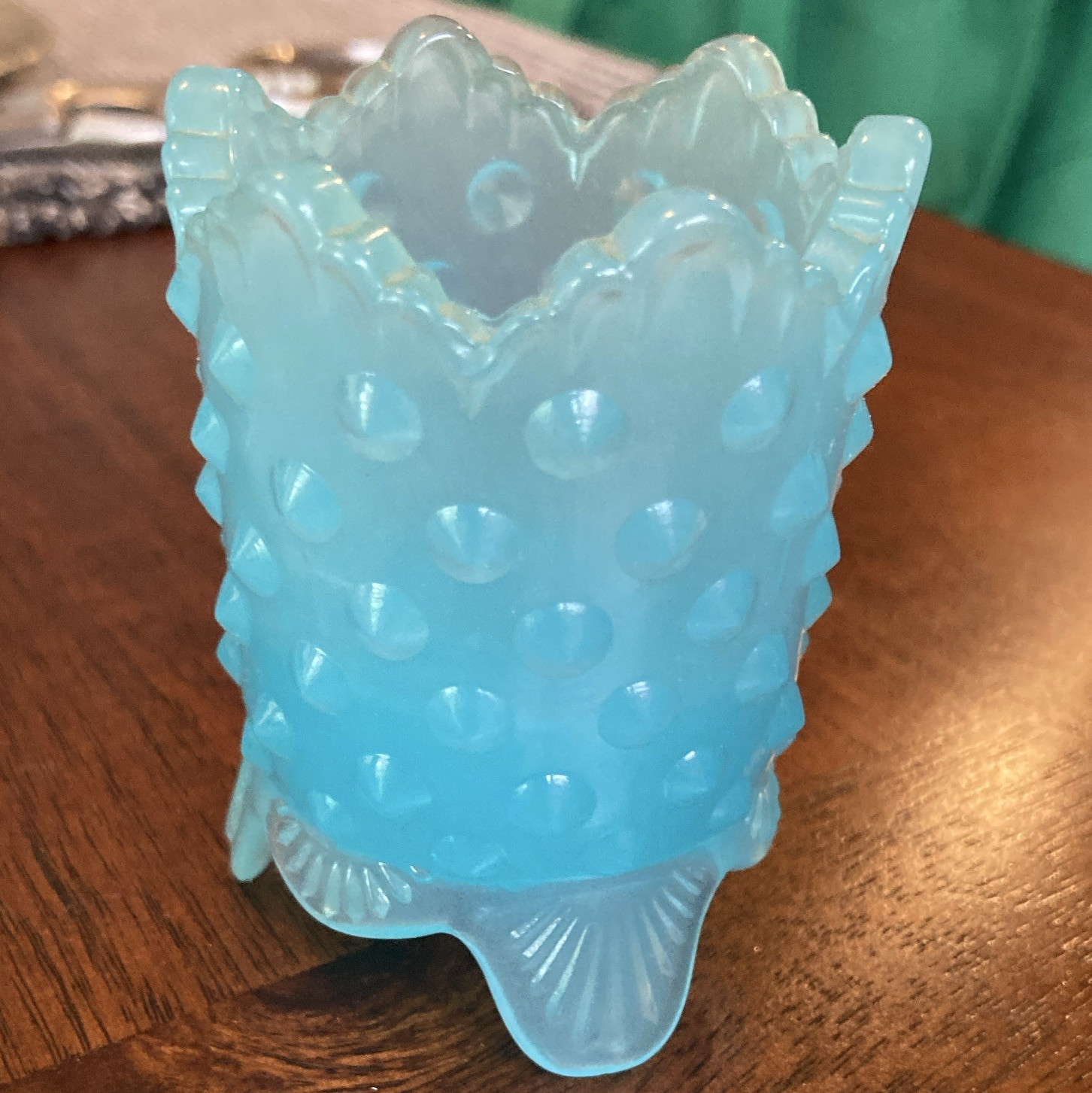 Rare? Fenton glass Hobnail Glossy blue / Dish 3-Footed Footed toothpick holder