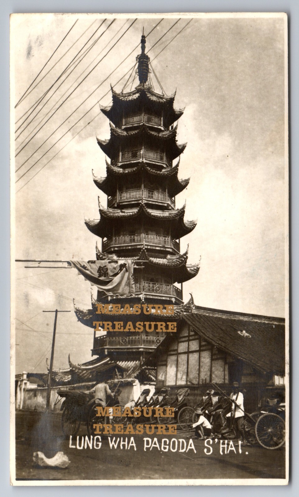 C.1940 SHANGHAI, CHINA, LONGHUA PAGODA, RICKSHAWS, SIGN PHOTO F23