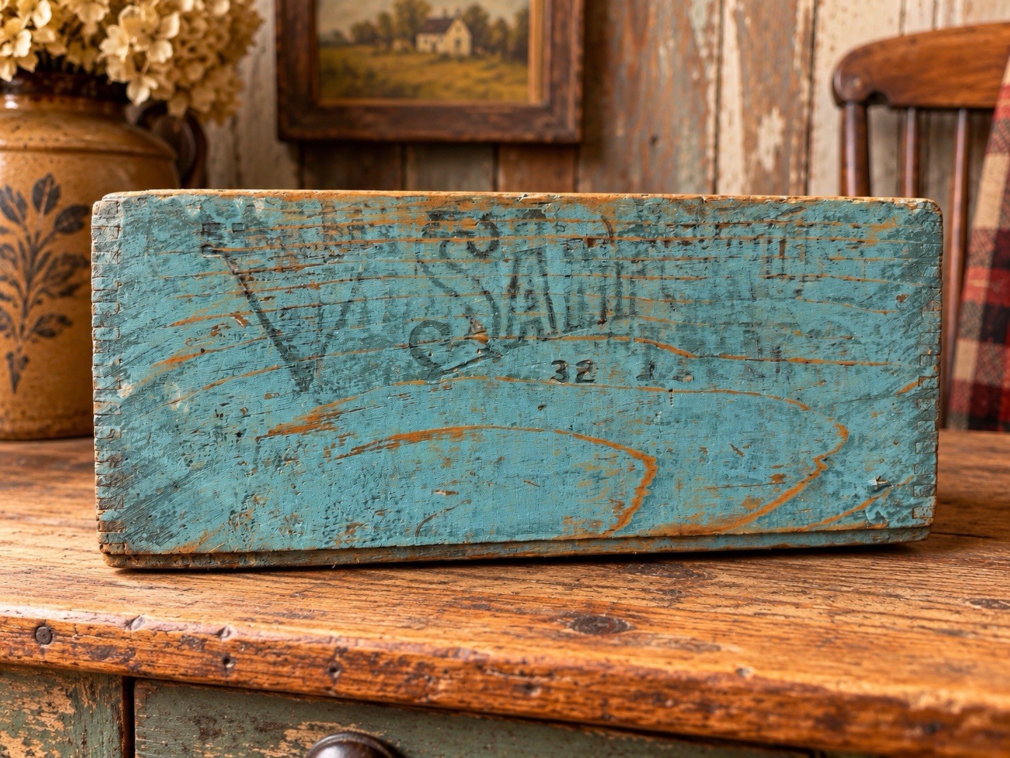 Antique Stafford\'s Ink Wooden Dovetailed Crate Wood Box Old Green Paint